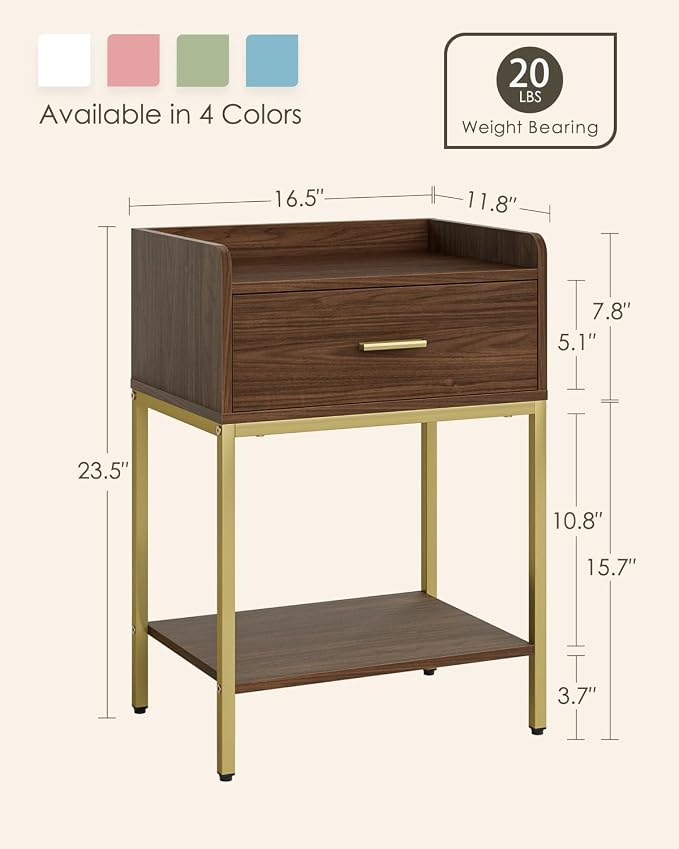Masupu Nightstand, 3-Tier Modern Bedside Night Stand with Storage Drawer and Shelf, Small End Side Table for Bedroom, Living Room, Walnut