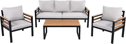 VilroCaz 4-Piece Outdoor Patio Furniture Sectional Sofa Set with Acacia Wood Armrests, All-Weather Conversation Set with Removable Cushion and Solid Wood Coffee Table for Garden Backyard (Beige-TH)