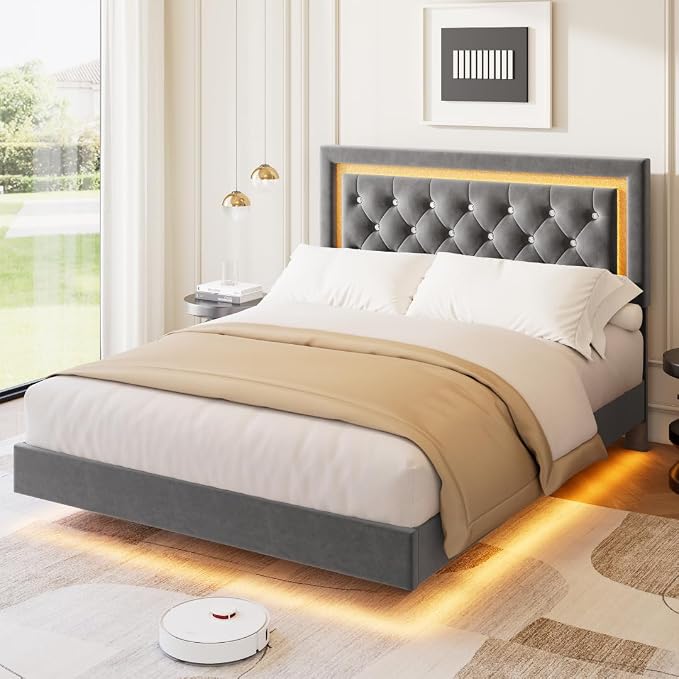 Garvee Floating Bed Frame Full Size with Smart Led Lights, Upholstered Platform Bed with Diamond Headboard, Solid Wood Slats Support, No Box Spring Needed, Noise-Free, Easy Assembly, Grey