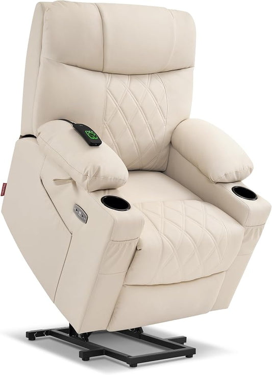 MCombo Small Power Lift Recliner Chair Sofa with Massage and Dual Heating, Adjustable Headrest for Elderly People Petite, USB Ports, Faux Leather 7111 (Cream White)