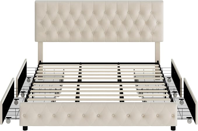 Keyluv Modern Upholstered Bed Frame with 4 Storage Drawers, Button Tufted Headboard Design, Solid Wooden Slat Support, Easy Assembly, Soft Velvet, Beige, Queen Size