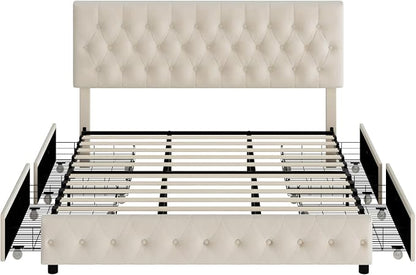 Keyluv Modern Upholstered Bed Frame with 4 Storage Drawers, Button Tufted Headboard Design, Solid Wooden Slat Support, Easy Assembly, Soft Velvet, Beige, Queen Size