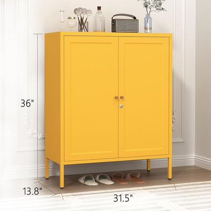 Metal Storage Locker with Djustable Shelves 36" H Lockable Modern Lockers Home Organization Cabinet 2-Door Durable Metal Cabinet for Bedroom Entrance Yellow 36" H X 31.5" W X 13.8" D