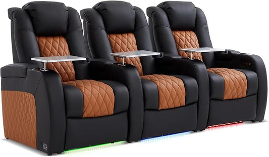 Weilianda Home Theater Seating Top Grain Leather Zero Gravity Recliner Chair Power Headrest Recline Movie Seat Gaming 7 Colors Mood Light Sofa with Tray Table Row of 3 Black Camel