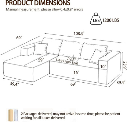 108" Modular Sectional Sofa,L-Shaped Cloud Couch with Deep Seats & Chaise,Convertible Corduroy Boneless Couches for Living Room,Bedroom,No-Assembly,Grey(Left Facing Chaise)