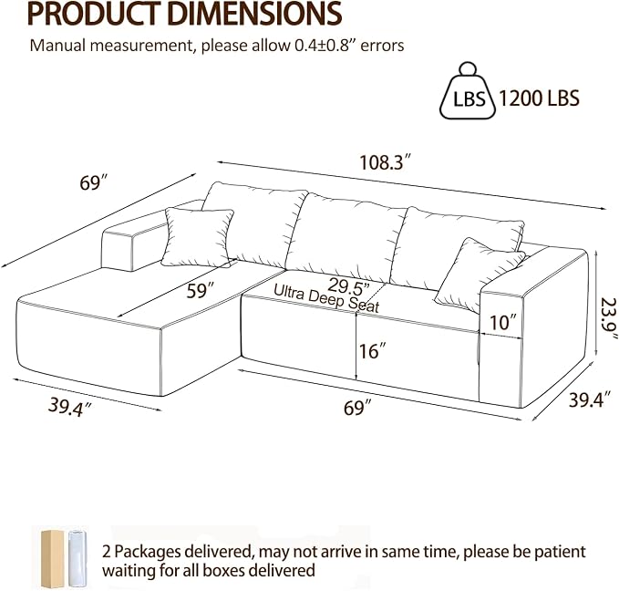 108" Cloud Couch Sectional,L-Shaped Boneless Couches for Living Room,Corduroy Modular Sectional Sofa with Deep Seats & Chaise,No-Assembly,Beige(Left Facing Chaise)