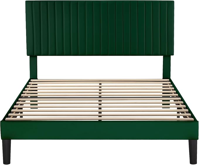Allewie Full Bed Frame, Velvet Upholstered Platform Bed with Adjustable Vertical Channel Tufted Headboard, Mattress Foundation with Strong Wooden Slats, Box Spring Optional, Easy Assembly, Green