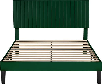 Allewie Full Bed Frame, Velvet Upholstered Platform Bed with Adjustable Vertical Channel Tufted Headboard, Mattress Foundation with Strong Wooden Slats, Box Spring Optional, Easy Assembly, Green