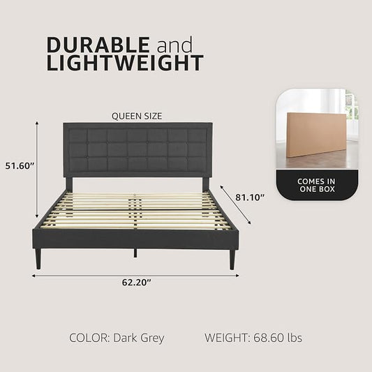 Decoro Mornington Upholstered 2.0 Platform Bed, Button-Tufted Fabric Headboard and Metal Frame with Wood Slat Support, Dark Grey, Queen