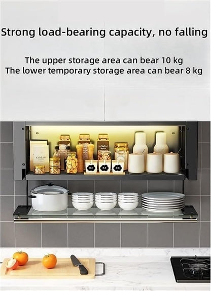 Modern Pull Down Cabinet Organizer Multifunctional Pantry Shelf with Transparent Glass Panel Space-Saving Kitchen Closet Storage,Ideal for Home