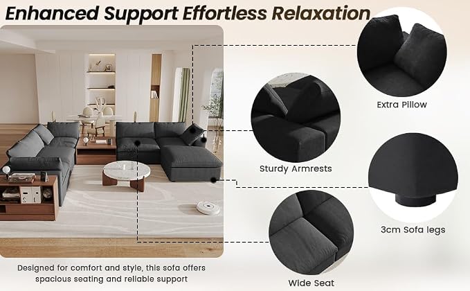 Cloud Couch Modular Sectional Sofa with 2 Storage Ottomans,160.6" U Shaped Sofa Couch,6 Seater Minimalist Wide Deep Seat Convertible Couches, Covers Washable&Replaceable,Black