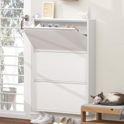 GREATMEET Shoe Rack for Closet, Slim Wall Mounted Metal Cabinet with 3 Flip Drawers, Steel Hidden Shoe Cabinet Storage for Entryway, Modern Narrow Shoe Organizer Cabinet for Mudroom, Hallway, White