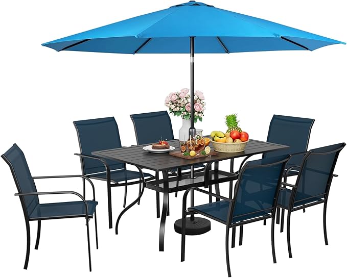 SUNCROWN 8 - Piece Outdoor Dining Set, Patio Furniture Set with 6 Textilene Dinning Chairs, 1 Rectangle Metal Table and 1 Sky Blue 9Ft Patio Umbrella for Lawn Garden Backyard Deck, Blue