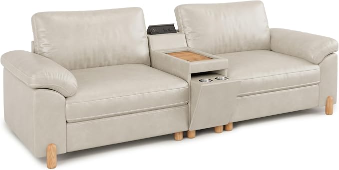SITJOY Large Cloud Couch, 100" Wide Loveseat Sofa, Faux Leather in White | Pet-Friendly Scratch-Resistant Leather Sectional Sofas for Living Room, Deep Seat Wide Couch with Cuphoders