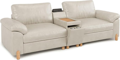SITJOY Large Cloud Couch, 100" Wide Loveseat Sofa, Faux Leather in White | Pet-Friendly Scratch-Resistant Leather Sectional Sofas for Living Room, Deep Seat Wide Couch with Cuphoders