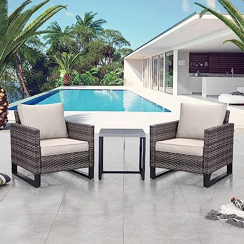 Belord Outdoor Bistro Set 3 Piece Outdoor Wicker Patio Chairs, Oversize Outdoor Rattan Seating Set, All-Weather Chairs Wicker Furniture with Metal Side Table and Water-Resistant Cushion for Outside
