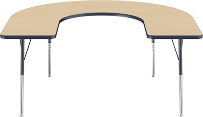 FDP Horseshoe Activity School and Office Table (60 x 66 inch), Standard Legs with Swivel Glides for Collaborative Seating Environments, Adjustable Height 19-30 inches - Maple Top and Navy Edge