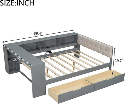 Ball & Cast Full Size Wood Daybed with Storage Shelves and Built-in Desk,Platform Bed w/Under-Bed Drawers & Charging Station,Upholstered Headboard,No Box Spring Needed,for Student Dorms,Gray