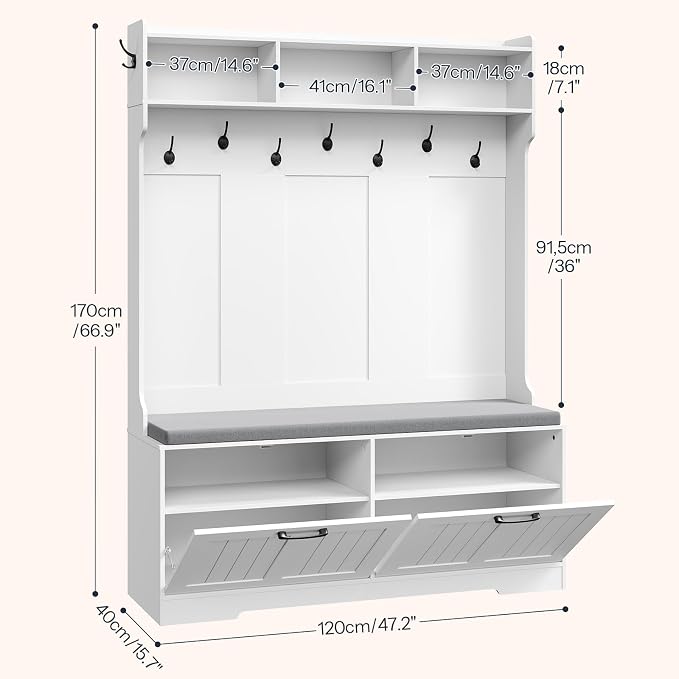 HOOBRO Hall Tree with Bench, 47.2" Hall Tree with Shoe Storage | Entryway Coat Rack, Shoe Bench with Storage, Farmhouse Hall Tree, 9 Coat Hooks, Adjustable Shelves, for Hallway, White