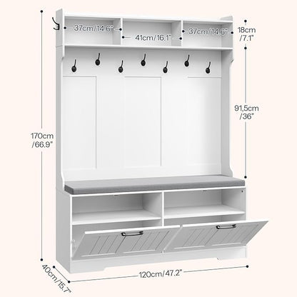 HOOBRO Hall Tree with Bench, 47.2" Hall Tree with Shoe Storage | Entryway Coat Rack, Shoe Bench with Storage, Farmhouse Hall Tree, 9 Coat Hooks, Adjustable Shelves, for Hallway, White