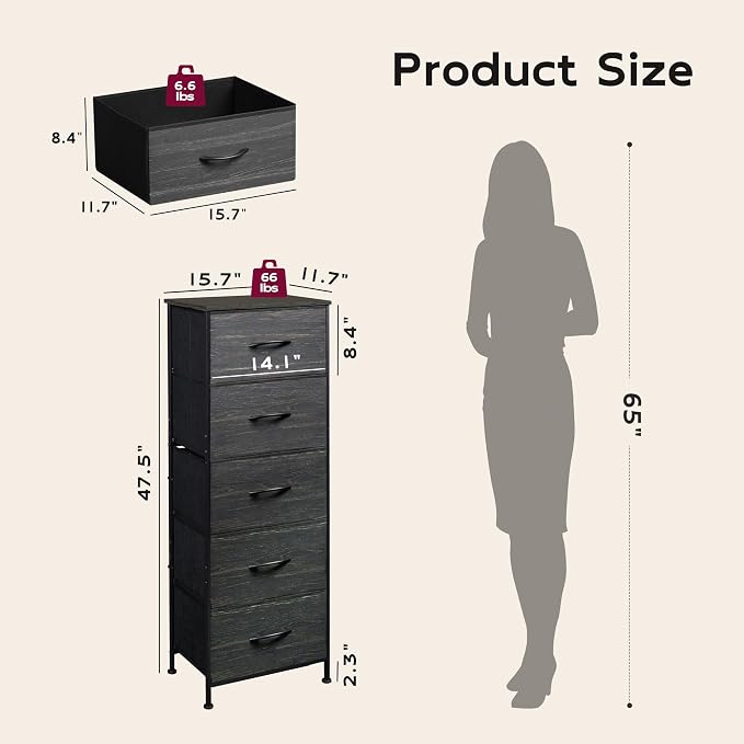 WLIVE Fabric Dresser, 5-Drawer Tall Dressers for Bedroom, Storage Dresser Organizer with Wood Top, Sturdy Steel Frame, Chest of Drawers for Closet, Hallway, Charcoal Black Wood Grain Print