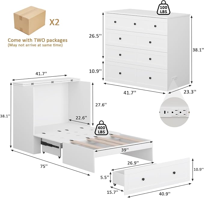 LIVAUVEAD Twin Murphy Bed with Built-in Charging Station, Space-Saving Murphy Bed Chest Twin with Drawer, Foldable, for Home Office Guest Room Bedroom White