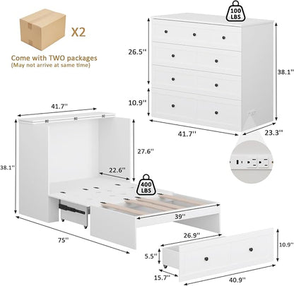 LIVAUVEAD Twin Murphy Bed with Built-in Charging Station, Space-Saving Murphy Bed Chest Twin with Drawer, Foldable, for Home Office Guest Room Bedroom White