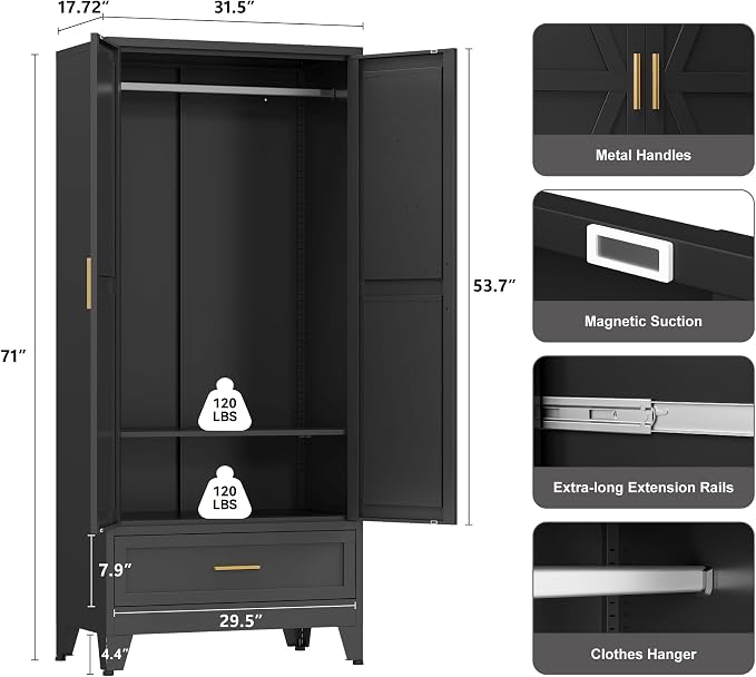 YAUWOH Farmhouse Wardrobe Cabinet with Drawers,Metal Wardrobe Closet with Hanging Rod,Metal Armoire with Adjustable Shelves for Bedroom, Cloak Room,Office （Black