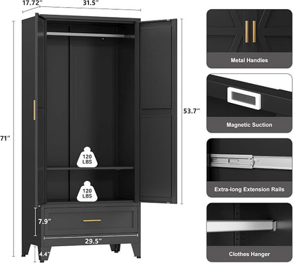 YAUWOH Farmhouse Wardrobe Cabinet with Drawers,Metal Wardrobe Closet with Hanging Rod,Metal Armoire with Adjustable Shelves for Bedroom, Cloak Room,Office （Black