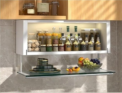 Modern Pull Down Cabinet Organizer Multifunctional Pantry Shelf with Transparent Glass Panel Space-Saving Kitchen Closet Storage,Ideal for Home
