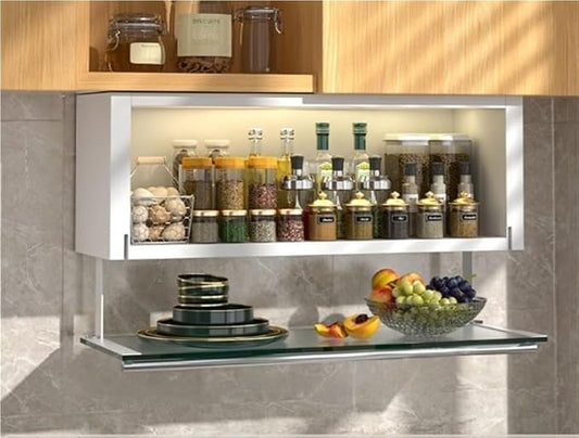 Modern Pull Down Cabinet Organizer Multifunctional Pantry Shelf with Transparent Glass Panel Space-Saving Kitchen Closet Storage,Ideal for Home
