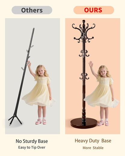 Wooden Coat Rack Freestanding, Solid Wood Coat Rack Stand with 14 Hooks, Vintage Heavy Duty Standing Coat, Sturdy Jacket Hanger Tree Stand for Corner, Office, Entryway