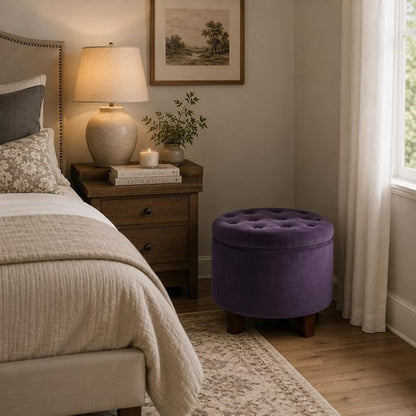 HomePop 19" Velvet Button Tufted Round Storage Ottoman - Deep Purple