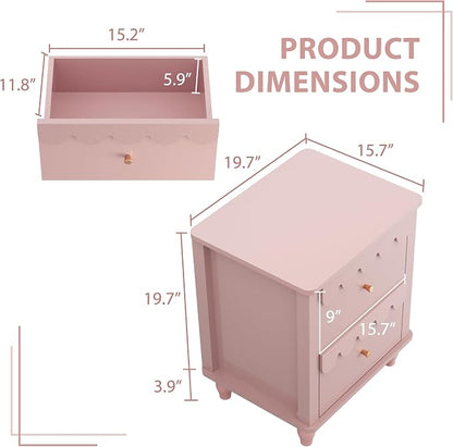 Anbuy Pink Nightstand Set of 2 with Petal Pattern, Modern Night Stand Set 2 with 2 Drawers for Bedroom, Side End Table Scalloped Bedside Night Tables with Solid Wood Legs