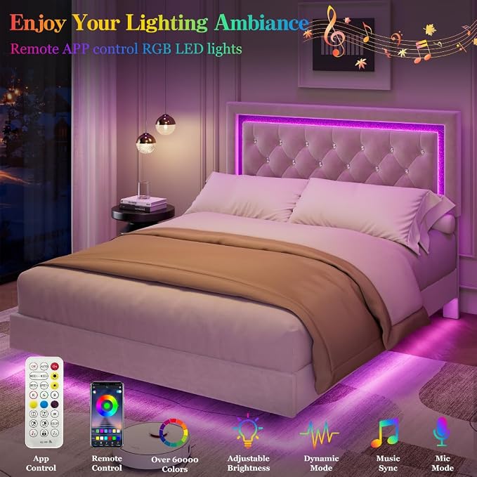 Garvee Floating Bed Frame Full Size with Smart Led Lights, Upholstered Platform Bed with Diamond Headboard, Solid Wood Slats Support, No Box Spring Needed, Noise-Free, Easy Assembly, White