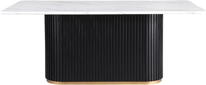 Morden Fort Marble Dining Table for 6, 70" Modern Dining Table with Black Fluted Base and White Faux Marble Top, Kitchen Table with Gold Trim for Ktichen, Reception and Conference