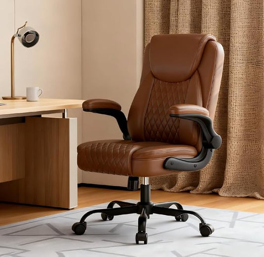 GTPLAYER Leather Office Chair, Home Desk Chair with Flip-up Arms and Ergonomic Back - Comfy Heavy Duty Executive Chair for Home Office Gaming, Brown