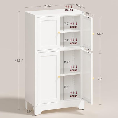 43" H Small Storage Cabinets,Metal White Pantry Cabinets with Doors,Food Pantry Cabinet with 4 Doors and Shelves for Kitchen Dining Room
