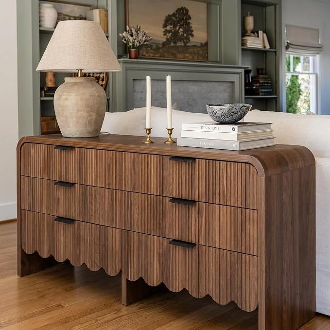 59" Scalloped Walnut Dresser for Bedroom,Fluted 6 Drawer Dressers, Chest of Drawers Espresso Dresser for Nursery and Kids Room, Living Room,TV Stand