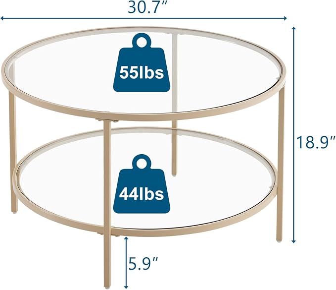 VINGLI Glass Coffee Table, 30" Round Coffee Table, Transparent Glass Coffee Tables for Living Room, 2-Tier Coffee Table with Storage, Modern Center Table with a Beige Frame, Mesa de Centro para Sala