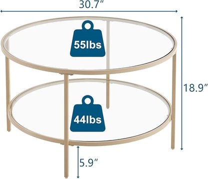 VINGLI Glass Coffee Table, 30" Round Coffee Table, Transparent Glass Coffee Tables for Living Room, 2-Tier Coffee Table with Storage, Modern Center Table with a Beige Frame, Mesa de Centro para Sala