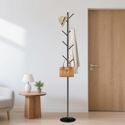Coat Rack with Natural Marble Base, Metal Freestanding Coat Rack with 8 Hooks, Heavy Duty Coat Hanger Stand for Entryway, Office, Bedroom,Dorm for Coats, Hats, Handbags and Scarves(Black)