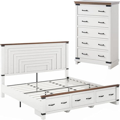 AMERLIFE 2 Pieces Farmhouse Bedroom Set, Includes Wood Rustic King Size Bed Frame with 51" Tall Headboard, 48" Tall 5 Drawers Dresser Chest, Heavy Duty Thick Plank Styling, Antique White