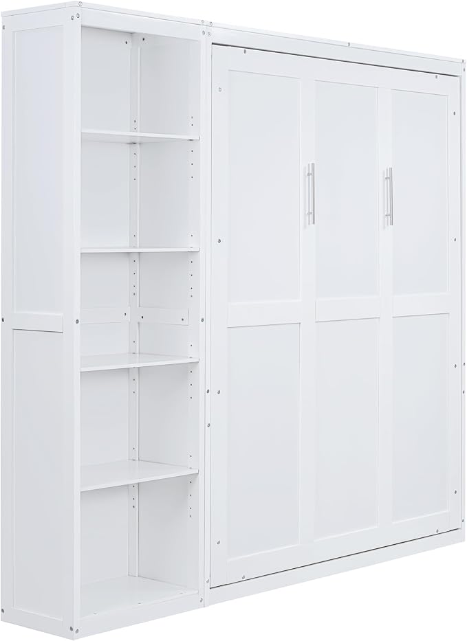 Merax Space-Saving White Murphy Bed Queen Size with Adjustable Storage Shelves, Multifunctional Foldable Wall Bed for Small Spaces Studio Study Office Guest Room