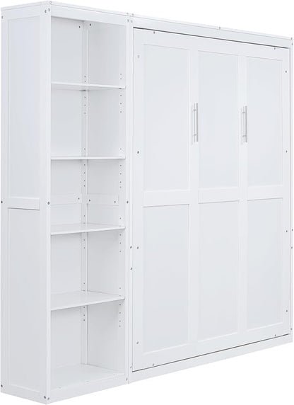 Merax Space-Saving White Murphy Bed Queen Size with Adjustable Storage Shelves, Multifunctional Foldable Wall Bed for Small Spaces Studio Study Office Guest Room