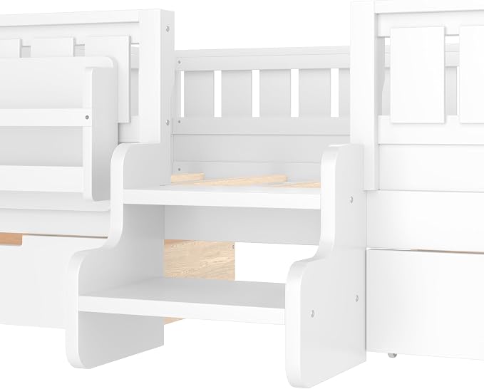 Bellemave Full Size Kids Bed with high Rails and with Built-in Bookshelf and Drawers for Kids, Girls, Boys, Wood Montessori Bed Without Door, White