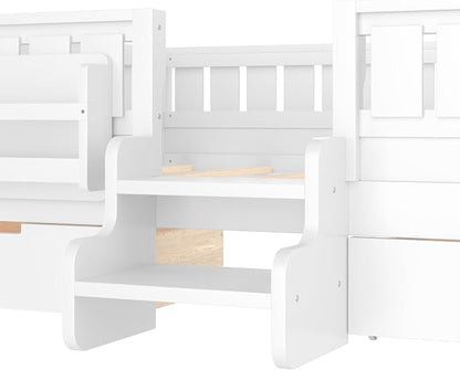 Bellemave Full Size Kids Bed with high Rails and with Built-in Bookshelf and Drawers for Kids, Girls, Boys, Wood Montessori Bed Without Door, White