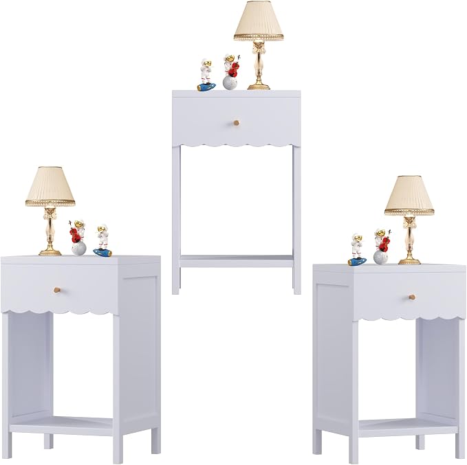 Cute Nightstand with Drawer and Open Shelf, Scalloped Edge Design Bedroom Bedside Table, Wood End Table for Kids Girls Bedroom, Light Purple