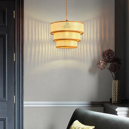 XININSUN Plug in Pendant Light Hanging Lights with15FT Plug in Cord Dimmable Rattan Hanging Lamp Wicker Woven Drum Lampshade,Rustic Boho Plug in Ceiling Light Fixture for Bedroom Living Room-1pack