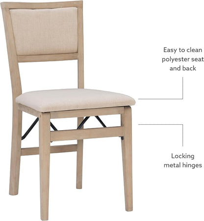 Linon Keira Natural Rustic Wooden Folding Chair with Beige Upholstered Seat and Back Set of 2